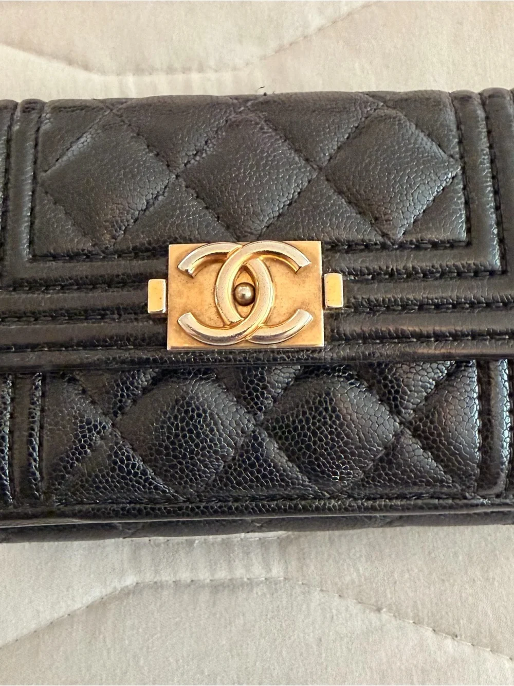 CHANEL Black Quilted Leather Compact Wallet Trifold